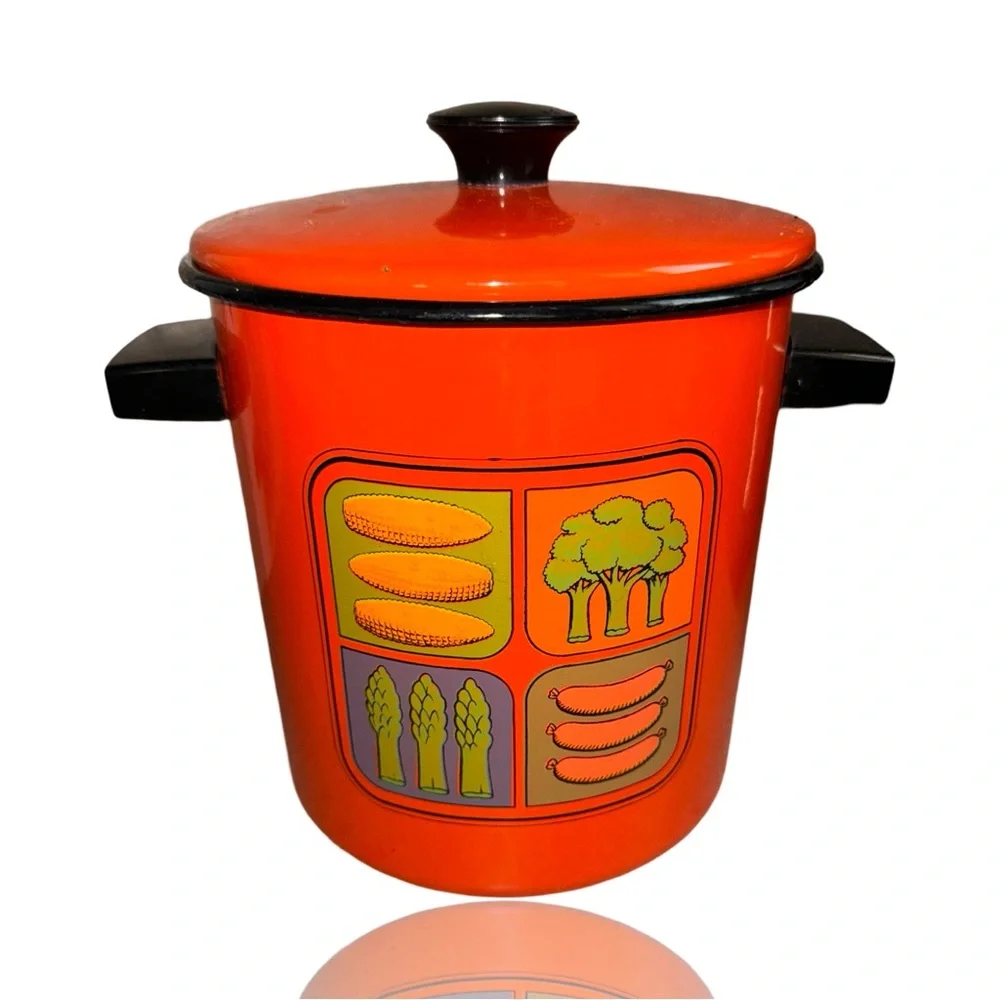 Vintage Enamelware Vibrant Orange Vegetable Steamer: Excellent shape: 4 Quarts